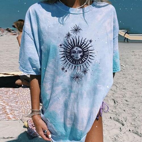 Womens Tie-dye Tshirt Vintage Sun Printed Casual Short Sleeve Tops O Neck Women Summer Tshirt Camiseta Mujer Verano #G3