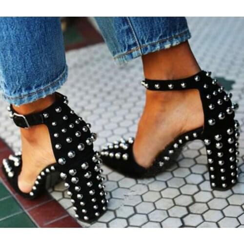 Moraima Snc Woman Round Toe Rivets Studded High Heel Sandal Summer Thick Heels Ankle Strap Gladiator Shoes Ladis Sandal