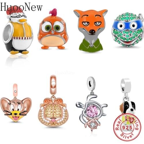 Cartoon Animal Charms Fit Bracelet 925 Sterling Silver Insect Dog Fox Tortoise Cat Birds Frog Penguin Charm Bead Women Berloque