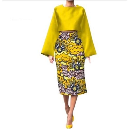 African Long Sleeve Print Tops and Skirt Sets for Women Bazin Riche African Clothing 2 Pieces Customize Skirts Sets