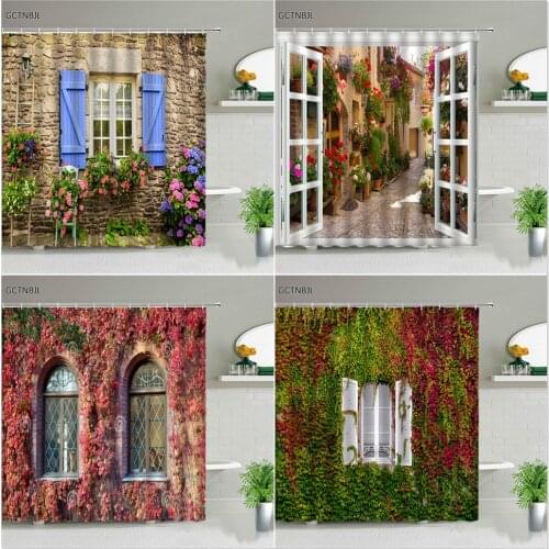 3D Nordic Italy Street Alley Shower Curtains Garden Flowers Scenery Background Wall Hanging Decor For Bathroom Screen With Hooks