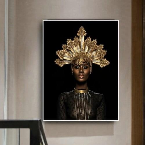 Abstract Gold Crown Black African Woman Oil Painting on Canvas Posters and Prints Scandinavian Wall Art Picture for living room