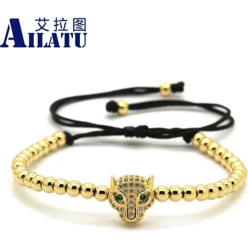 Ailatu 4mm Stainless Steel Beads Bracelet Green Eye CZ Copper Leopard European American Weaving Jewelry