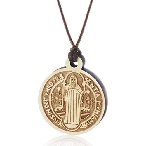 Antique Round Wood Saint Benedict Medal Pendants Necklaces Natural Rope Chains for Women Men Religious CSPB Jewelry Gifts MN232