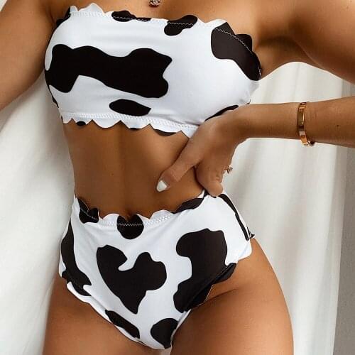Animal Cow Print High Waist Bikinis 2021 Mujer Scalloped Bandeau Swimwear Women Swimsuits Swimming Suits Beachwear Biquini