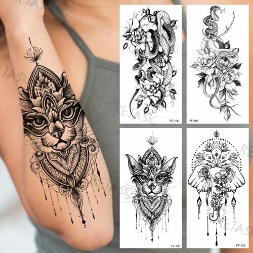 Black Cat Henna Temporary Tattoos For Women Girls Realistic Snake Elephant Flora Fake Tattoo Sticker Arm Back Tatoos Creative