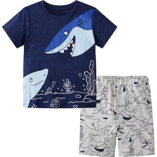 Jumping Meters Children Summer Suit Boys Shorts and T-shirt Pants Cute Shark Cartoon Partern kids Cothes 2-7Years