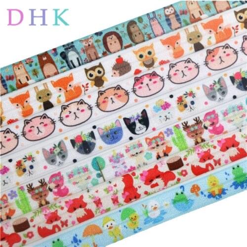 DHK 5/8'' 10yards animals fox duck cat printed Fold Elastic FOE stretch ribbon hairbow headwear headband DIY OEM B1726