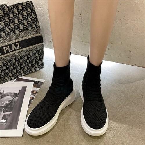 Elastic stocking boots womens summer 2021 new flying woven sports net shoes short tube mesh high-top fabric