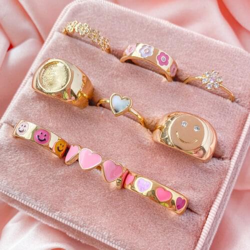 2021 Adorable Colorful Enamel Heart Smile Ring For Women Girl Party Wedding Stacking Gold Color Love Eternity Finger Band Rings