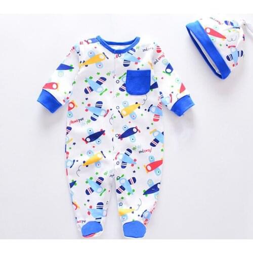 Long sleeve + hat 2 piece set fashion cartoon baby boy girl hooded baby jumpsuit pajamas 100% cotton baby clothes suit