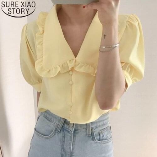 Sweet Blouse Peter Pan Collar Korean Chic Casual Tops Female Yellow White Chiffon Blouse Ruffles Button Up Shirt De Mujer 10196