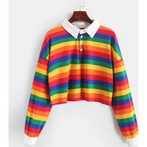 New Polo Shirt Women Sweatshirt Rainbow Color Ladies Cute Hoodies With Button Striped Korean Style Long Sleeve Sweatshirt Women