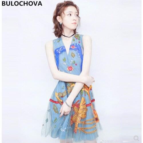 BULOCHOVA Drop Shipping Women Fashion V Neck Sleeveless Belt Mini Dress 2021 Newest Mesh Embroidery Summer Vest Vestidos Femme