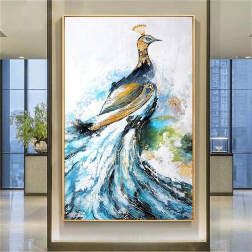 Hand-painted modern oil painting animal peacock auspicious bird lucky ornate canvas painting light luxury home living room art