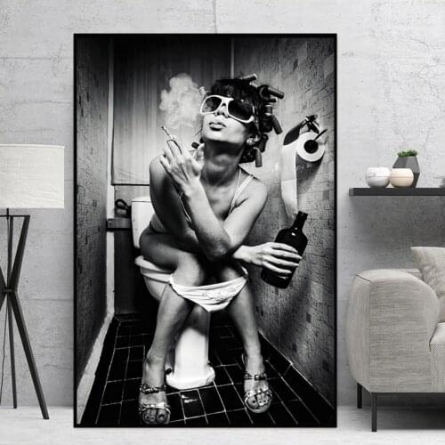 Sexy Women Smoking In Toilet Canvas Paintings Black and White Wall Art Poster Prints Modern Picture Restroom Bar Home Decoration