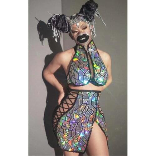 Nightclub Bar Sexy Dance Costume Laser Faux Mirror Bra Bandage Slit Skirt 2-Piece Club Party Show Singer Dancer Performance Wear