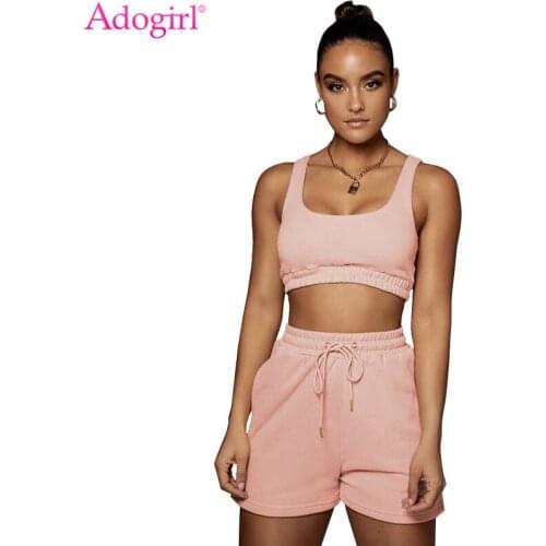 Adogirl Women Solid Tracksuit Casual Active Two Piece Sleeve Sleeveless Vest Crop Top Drawstring Shorts Fashoin Jogging Suit