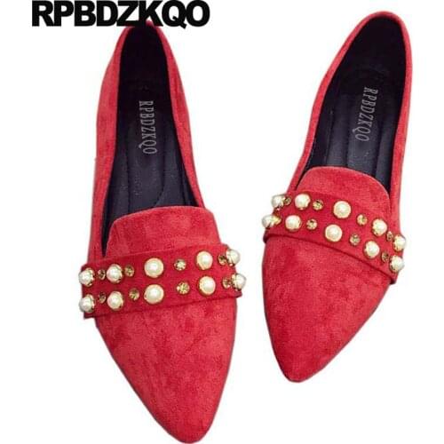 Rhinestone crystal pearl ladies beautiful flats shoes korean large size loafers slip on suede women red pointed toe 41 diamond