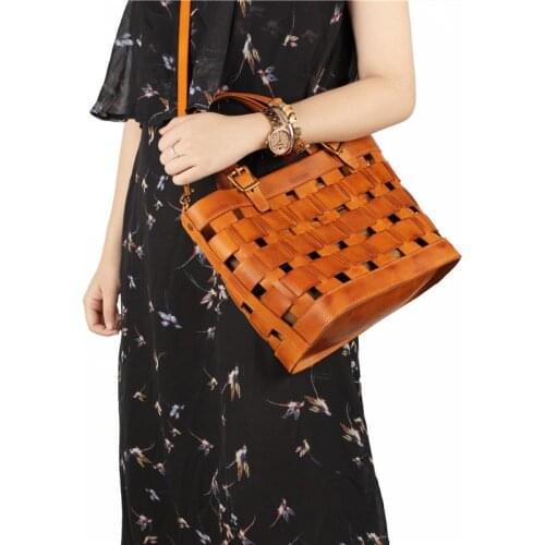 Genuine leather handmade woven zipper handbag with strap for women