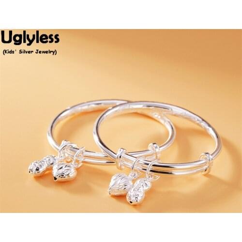 Uglyless 1Pair Luxury 99.9% Full Silver Heart Peanut Charms Bracelets for Babies Push-pull Glossy Bangles High-end Gifts Jewelry