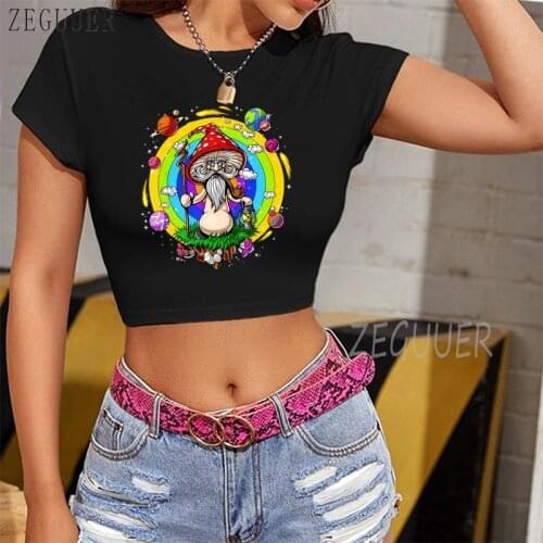 Magic Mushroom Psychedelic Hippie Casual Basic Crop Top T Shirt Elegant Short Sleeve Woman Tshirt Top High Street Tshirts Women
