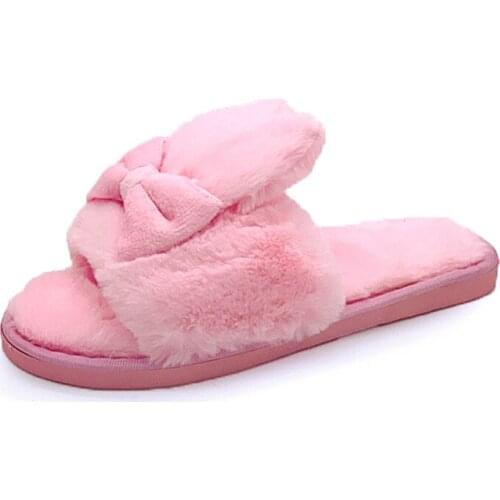 Dropshipping Winter Women Home Slippers with Faux Fur Warm Shoes Woman Slip on Flats Cute Rabbit Bowtie Female Slides Plus Size