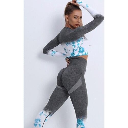 Women Sets Printed Gradient Workout Crop Top Butt Lifting Leggings Seamless Shirt Athletic Long Sleeve Fitness Sportswear Suits