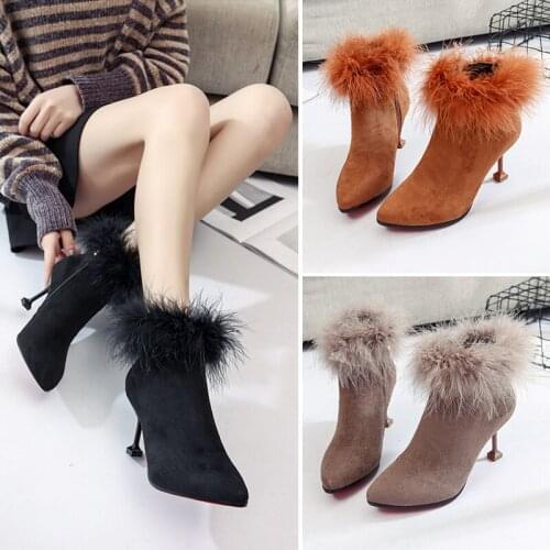 2021 Winter Women Boots Crystal High Heels Suede Pointed Rabbit Hair Boots Fashion Ankle Boots Thin Heels Shoes Woman Sapatos