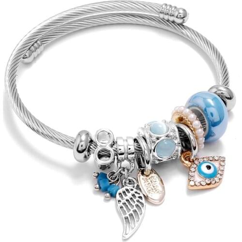 2020 New Womens Bracelet Jewelry Stainless Steel Wire Evil Eye Wing Charms Cuff Bracelets Bangles Silver Color Ethnic Armband