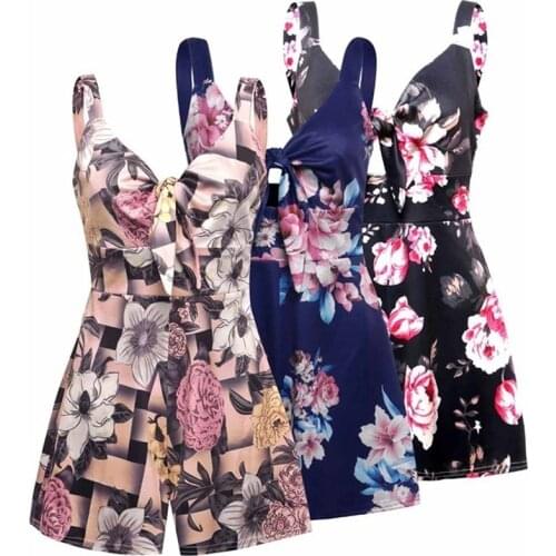 Playsuit Siamese Romper Shorts Summer Fashion Women Chest Bowknot Floral Jumpsuit Printed Strap