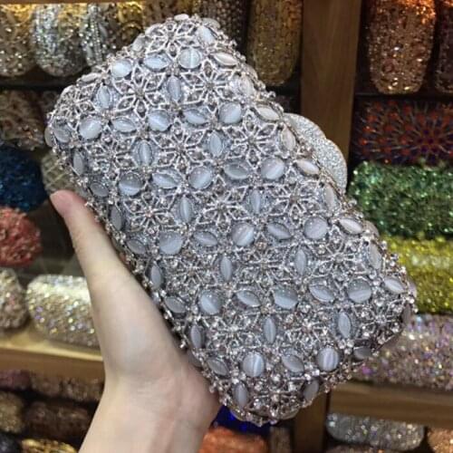 Silver Crystal Women golden Evening Purse Metal Minaudiere Handbag Bridal Clutch wallets Wedding Party Diamond shoulder Bag