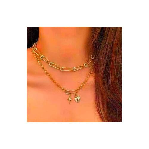 TIMEONLY Japanese Style Double Layering Shinning Rhinestones Star Lock Chain Brooch Choker Necklace for Women Ladies Necklaces