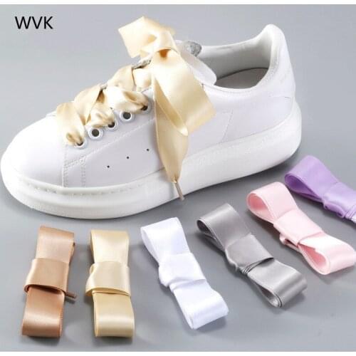 1Pair New Fashione Silk Satin Shoelaces Flat Ribbon Shoe laces Boots Women off Sneakers white Shoelace colorful Shoe Accessories