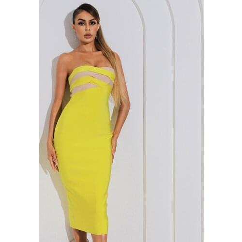 Free Shipping Wholesale Womans Black Yellow Strapless Stretch Tight Sexy Boutique Celebrity Cocktail Party Bandage Dress