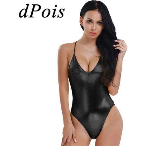 Womens Bodysutis One-piece Patent Leather Deep V Neck Sleeveless Leotard Female Sexy Lingerie Womens Bodysuit for Gymnastic