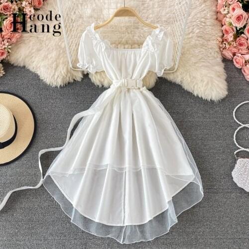 HangCode Women Dress Summer Two Layers Mesh Patchwork White Black Sash Bandage Asymmetrical Party Dress Elegnt Ladies Dresses