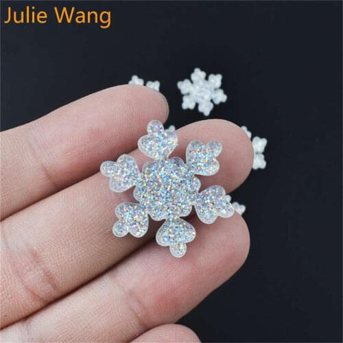Julie Wang 10PCS Resin Snowflake Sequin Glitter Flash Flat Back Cabochon Charms Jewelry Making Phone Case Decoration Accessory
