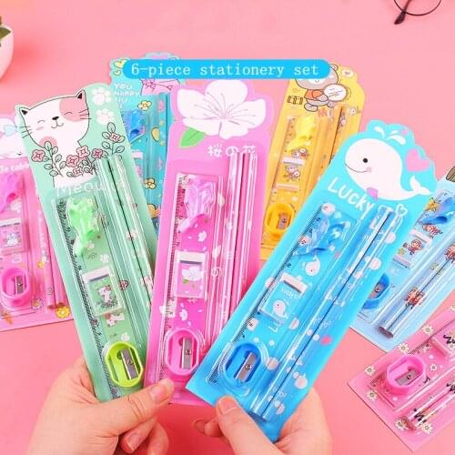 Yisuremia New 6pcs/Set Kawaii Pencil Ruler Earser Sharpener 6 In 1 Stationery Set For Boy Girl Kids Gift School Stationery