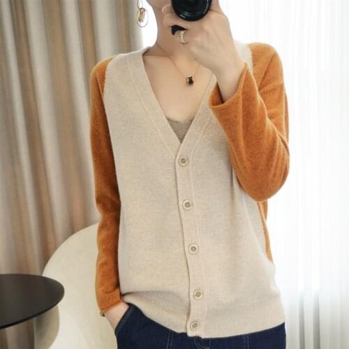 2021 new Womens Cardigan 100% Merino Wool Cashmere Sweater Solid Long-Sleeved Female Knitwear V-Neck Womens Sweater Loose Coat