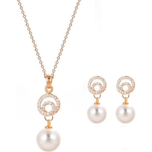 New Korea Style Golden Plated Chains Imitation Pearl Bead Pendant Necklace Earrings Jewelry Set For Women