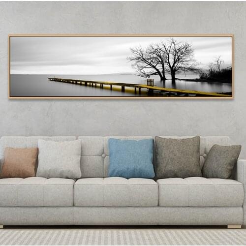 Calm Lake Surface Yellow Long Bridge Scene Poster Canvas Paintings Poster Prints Wall Art Pictures for Living Room Cuadros