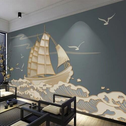 Custom Mural Wallpaper 3D Golden Embossed Lines Sailboat Fresco Living Room TV Sofa Study Creative Art Wall Painting Home Decor