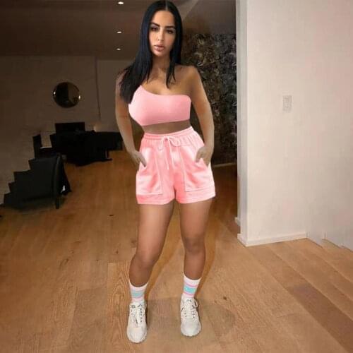 Casual Sportswear Solid Drawstring Short 2 Piece Outfits Sexy One Shoulder Skew Neck Crop Top + Shorts Slim Two Piece Set Outfit