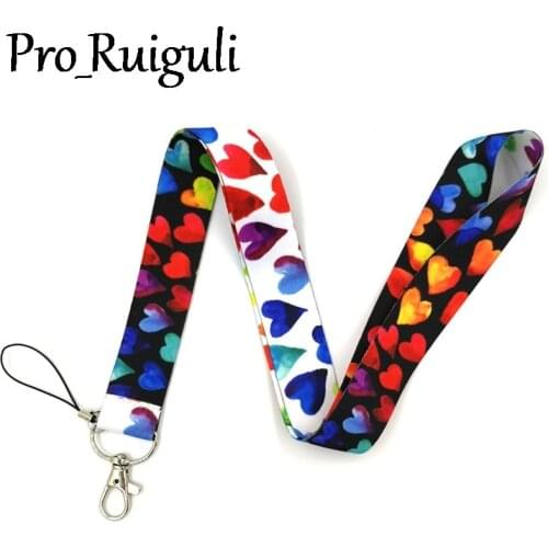 30pcs Rainbow color heart Neck Strap Lanyards ID badge card holder keychain Mobile Phone Strap Gifts webbings ribbons