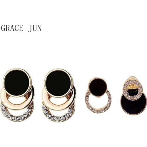 GRACE JUN High Quality Geometric Round Shape Rhinestone Clip on Earrings Women Fashion Ear Cuff Earrings No Ear Hole Earrings