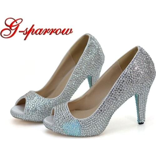 2018 Fairy Tale Evening Dress Heels Fashion Show Pumps Silver Rhienstone with Baby Blue Wedding Shoes Peep Toe Bride Shoes