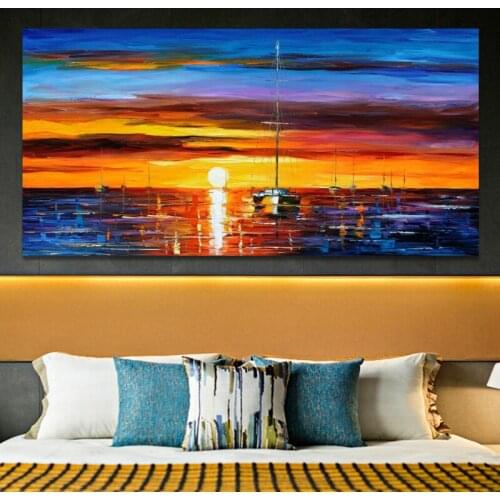 Modern Abstract Landscape Oil Painting on Canvas Art Posters and Prints Wall Art Sunrise at Sea Pictures for Living Room Decor