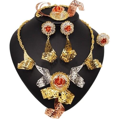 Yulaili Tricolor Dubai Gold Jewelry Sets for Women Fashion Necklace Drop Earrings Charm Bracelet Ring Exaggerate Jewelery Set