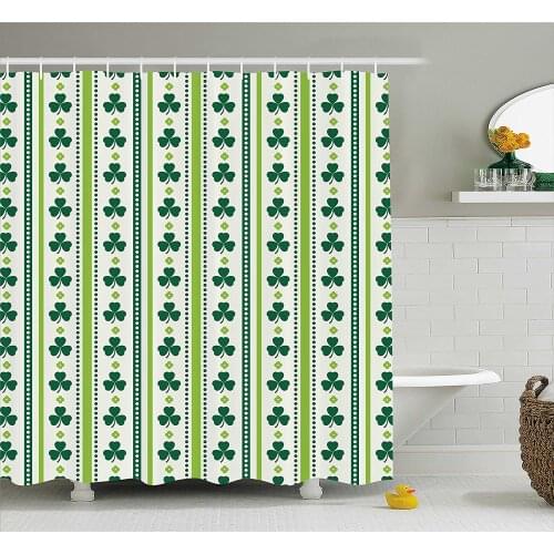 Floral Shower Curtain Clovers Vertical Lines and Dots Irish Traditional Floral Waterproof Polyester Bath Curtain With Hooks